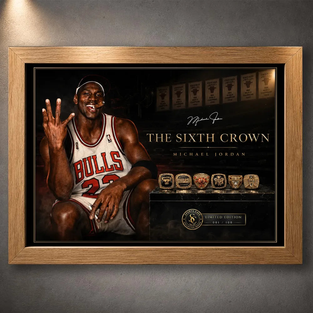 Oak framed Michael Jordan basketball wall art featuring The Sixth Crown design and six championship rings.