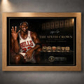 Oak framed Michael Jordan basketball wall art featuring The Sixth Crown design and six championship rings.