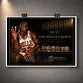 Unframed Michael Jordan basketball wall art featuring The Sixth Crown design with six championship rings and collector plaque.