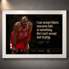 Michael Jordan quote framed sports memorabilia in white frame, minimalist nba wall art for modern home or office.
