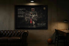 Michael Jordan “The Last Shot” large framed nba wall art hanging in a dark luxury man cave with leather sofa.