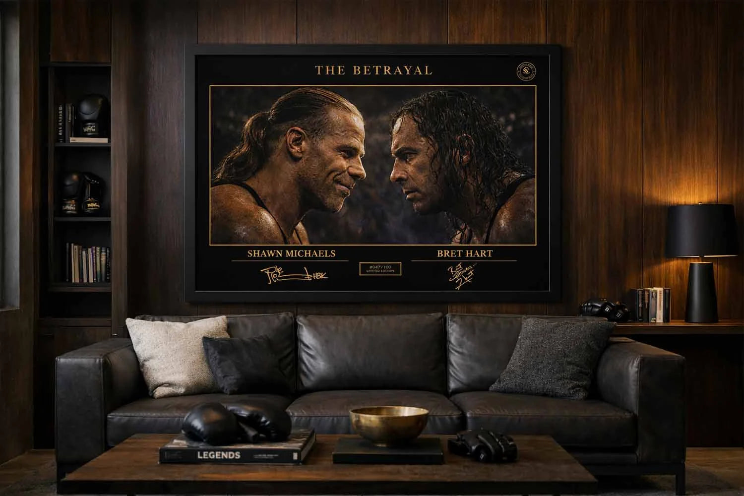 Shawn Michaels vs Bret Hart rivalry artwork displayed in a luxury man cave, bold sports wall art centerpiece above sofa.