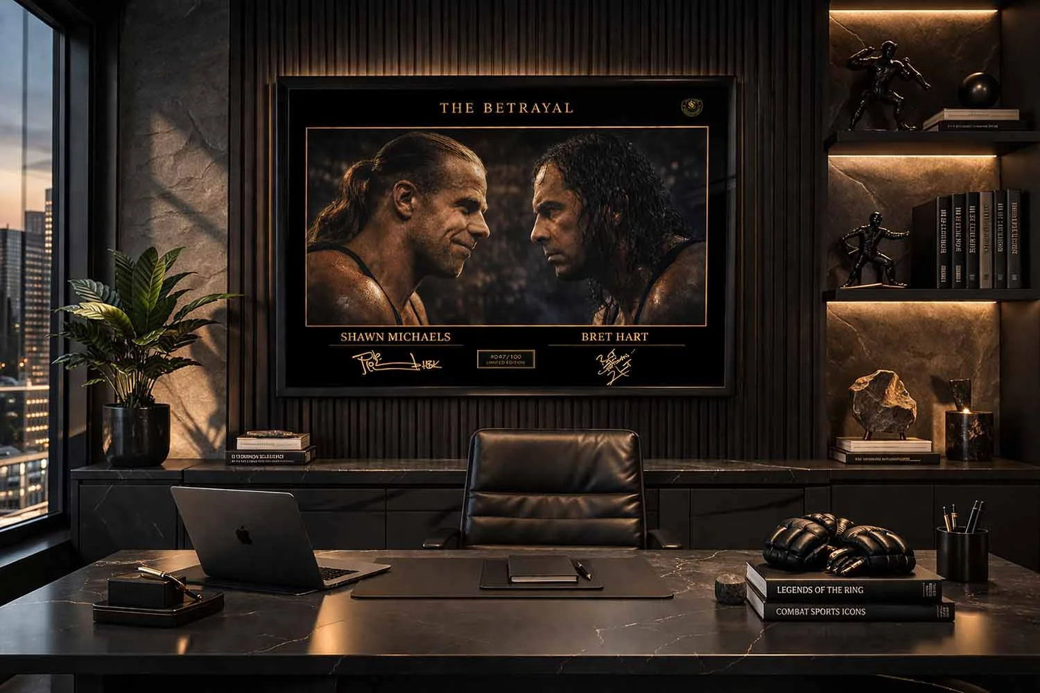 Shawn Michaels vs Bret Hart framed artwork in a modern office setup, refined framed sports art with dramatic lighting.