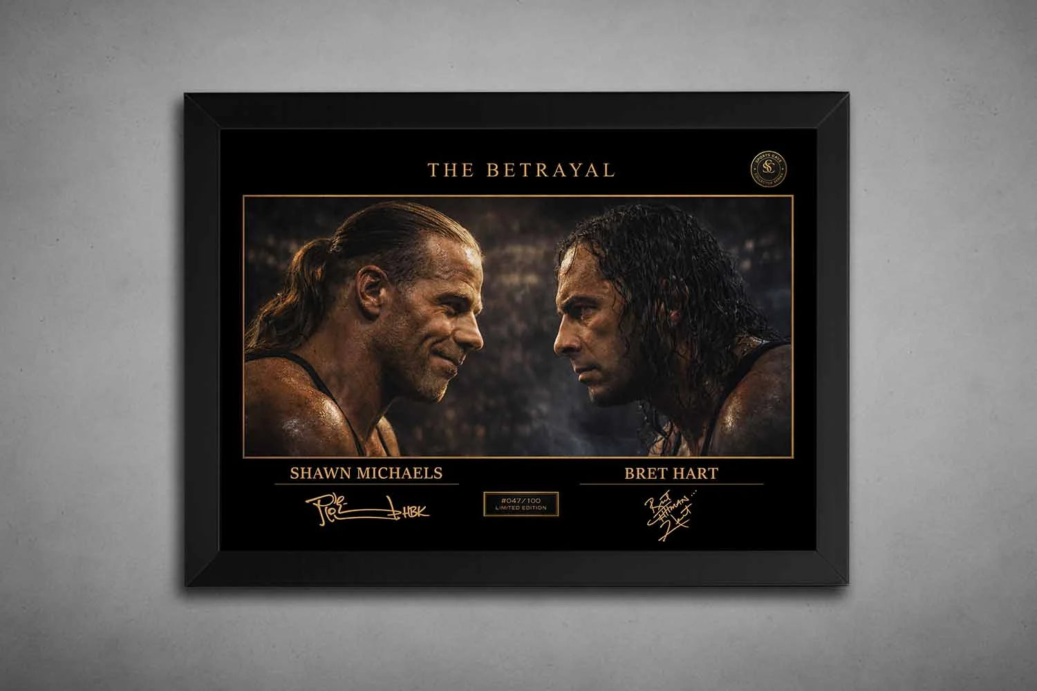Shawn Michaels vs Bret Hart “The Betrayal” artwork in black frame, premium sports collectibles for modern fan spaces.