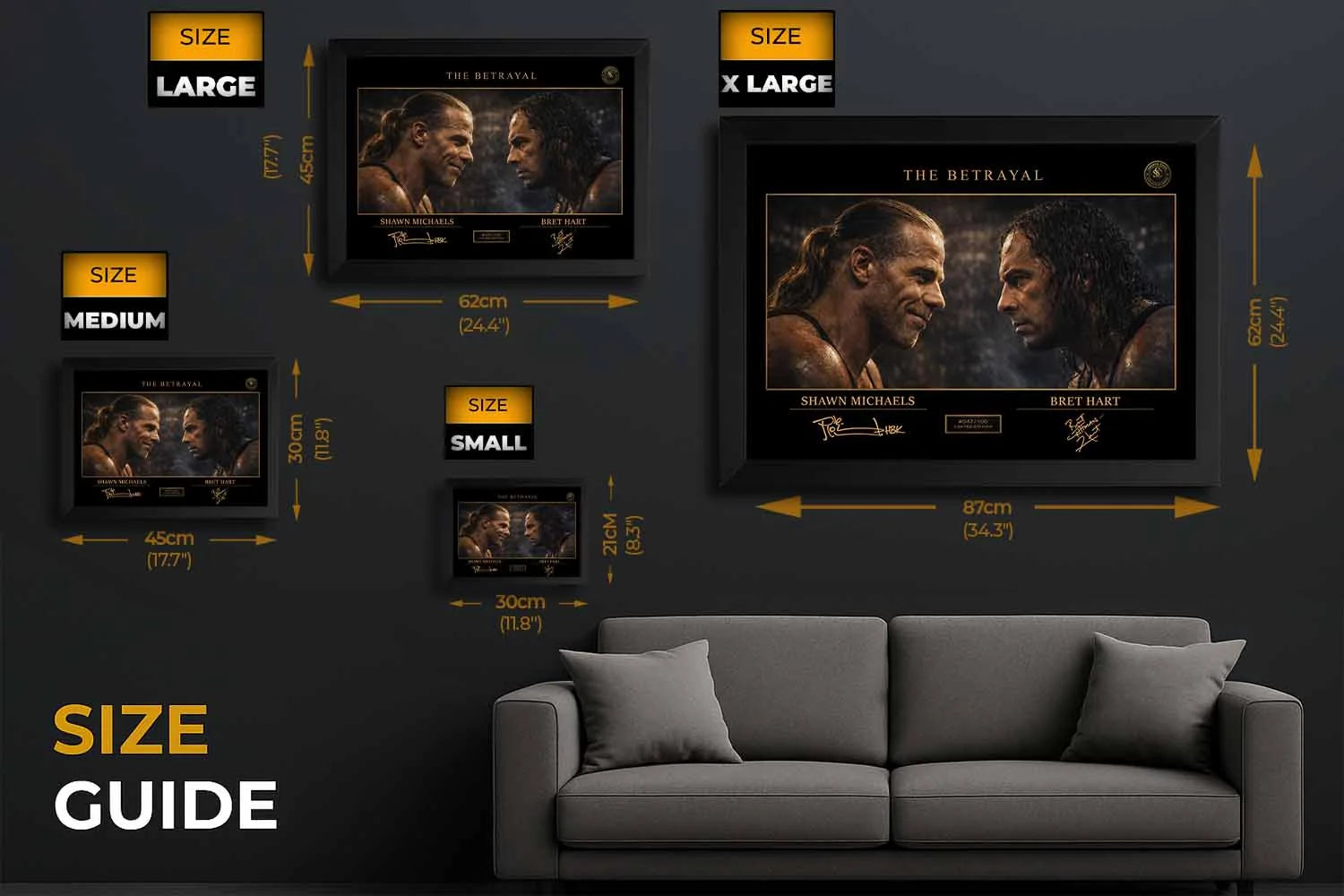 Size guide showing Shawn Michaels vs Bret Hart wall art dimensions, helpful reference for man cave wall décor selection.