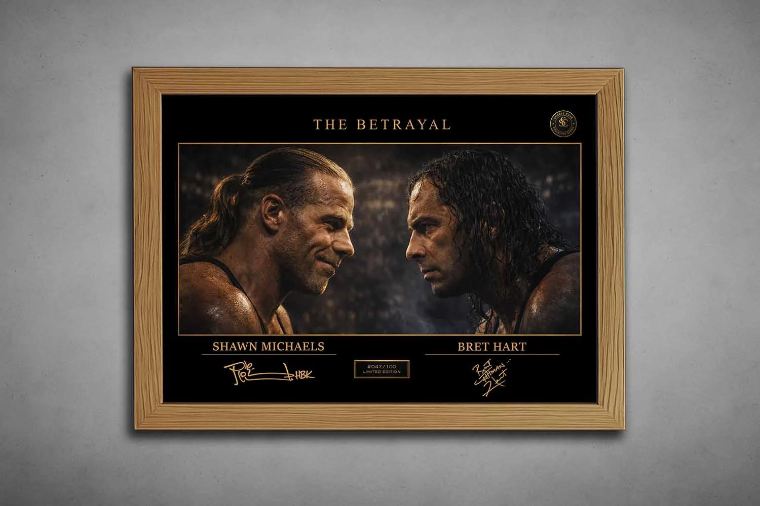 Shawn Michaels vs Bret Hart “The Betrayal” artwork in oak frame, elegant framed sports memorabilia for premium interiors.