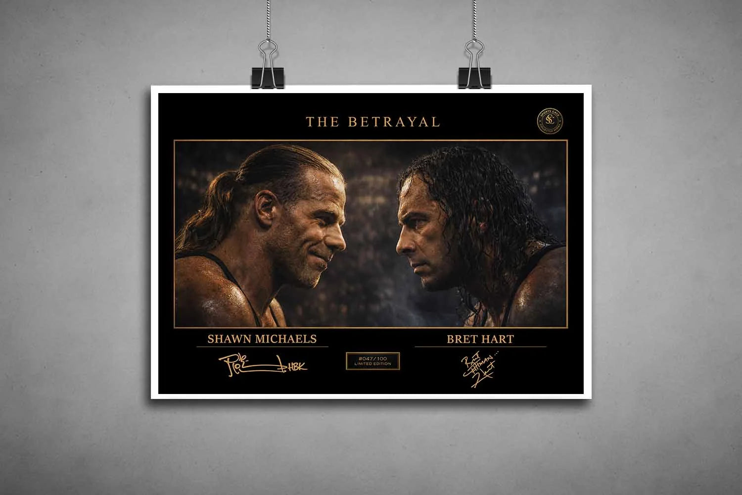 Shawn Michaels vs Bret Hart unframed print showcasing “The Betrayal” design, detailed sports art prints for collectors.