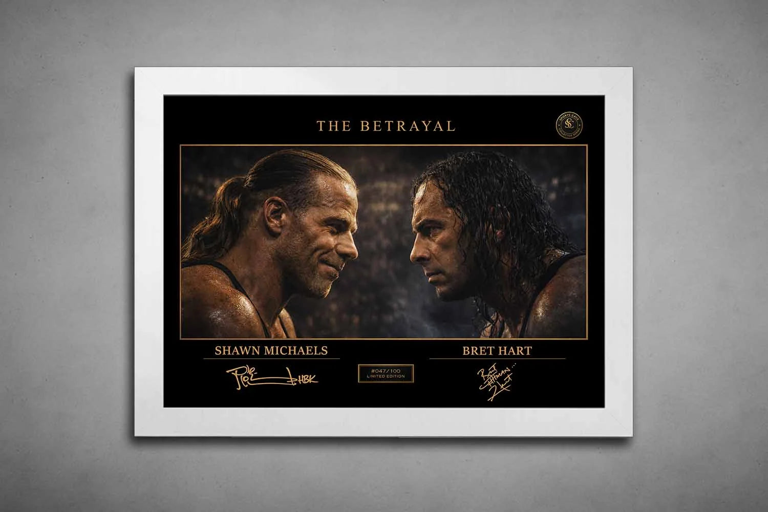 Shawn Michaels vs Bret Hart artwork in white frame, clean and modern limited edition sports prints for stylish spaces.