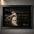 Black framed The Triple Crown Mickey Mantle baseball wall art featuring his 1956 season tribute and career statistics.