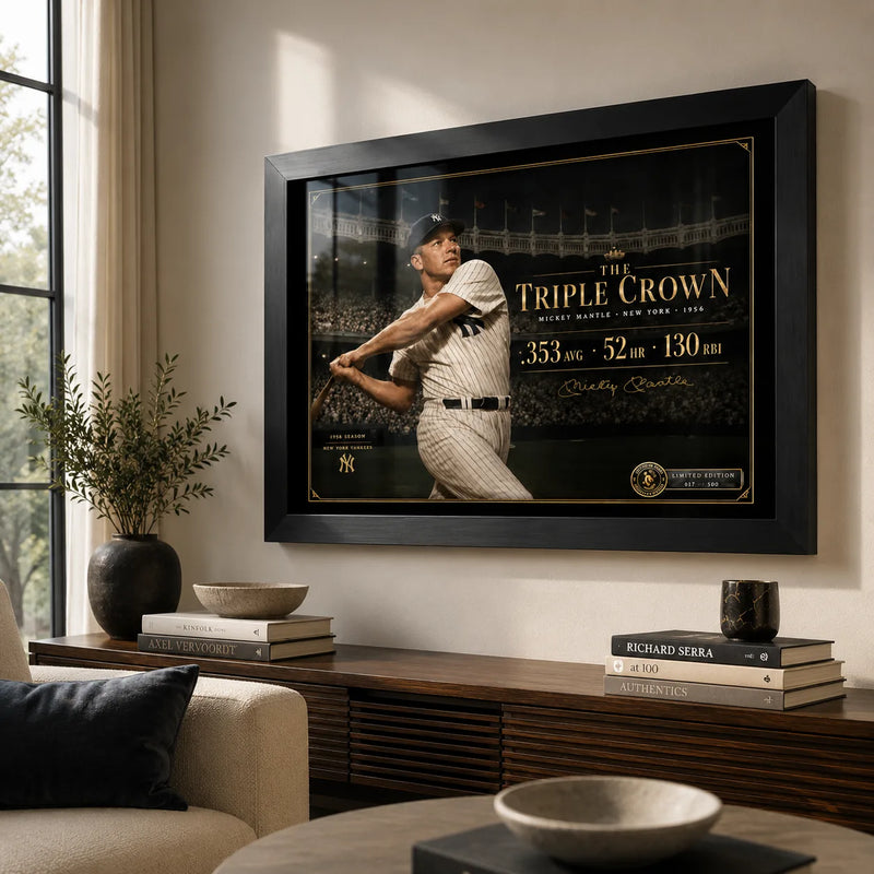 The Triple Crown Mickey Mantle wall art displayed in a bright premium living room above a timber console.