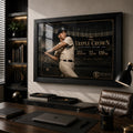 The Triple Crown Mickey Mantle wall art displayed in a premium home office with dark timber furniture.