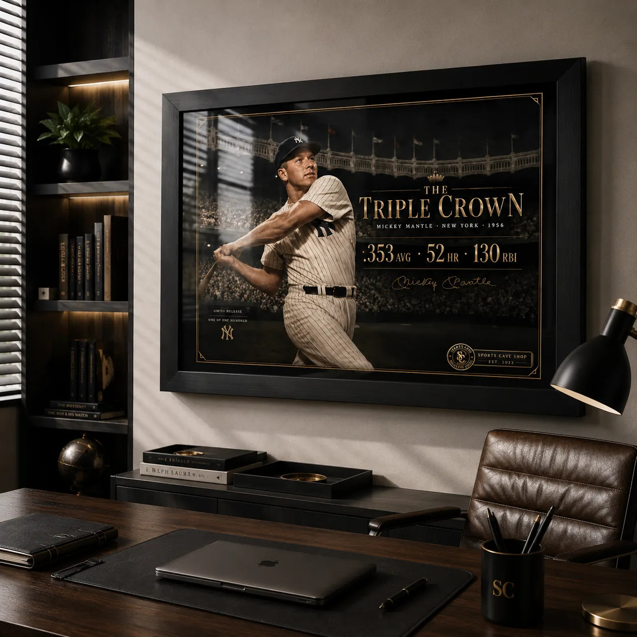 The Triple Crown Mickey Mantle wall art displayed in a premium home office with dark timber furniture.