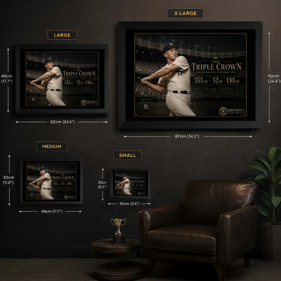 The Triple Crown Mickey Mantle wall art size guide showing available framed dimensions from Small to X Large.