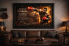 Mike Tyson boxing artwork displayed above leather sofa in a luxury fan lounge, dramatic lighting and flames, bold man cave wall décor.