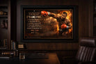 Mike Tyson boxing quote artwork framed on a dark wood office wall, fiery ring backdrop and punch pose, premium sports art prints.