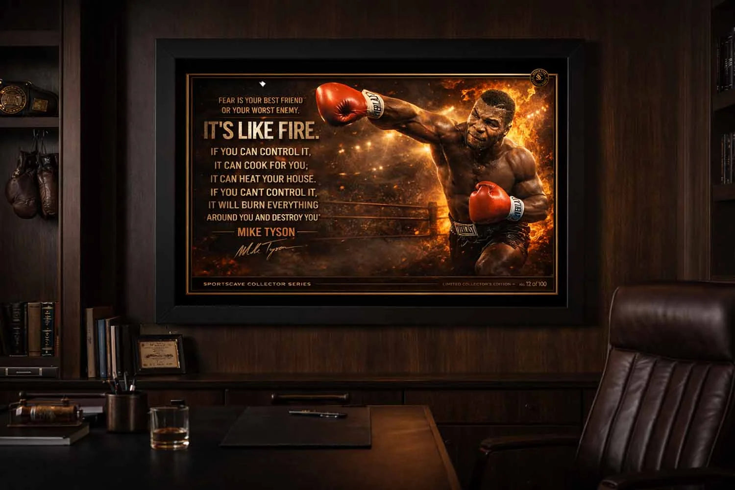 Mike Tyson boxing quote artwork framed on a dark wood office wall, fiery ring backdrop and punch pose, premium sports art prints.