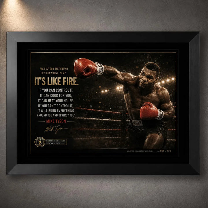 Mike Tyson Fear Is Like Fire boxing wall art in a black frame, featuring a punch pose, quote text and limited edition detail.