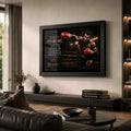 Mike Tyson boxing wall art in a black frame displayed in a premium living room above a low console and leather seating.