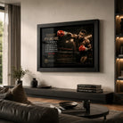 Mike Tyson boxing wall art in a black frame displayed in a premium living room above a low console and leather seating.