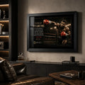 Mike Tyson Fear Is Like Fire framed boxing artwork displayed in a dark man cave with leather seating and warm shelf lighting.