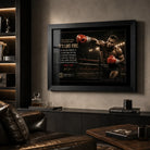 Mike Tyson Fear Is Like Fire framed boxing artwork displayed in a dark man cave with leather seating and warm shelf lighting.