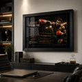 Mike Tyson motivational boxing wall art in a black frame displayed in a refined home office above a desk and cabinetry.