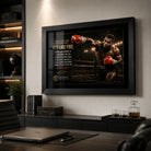 Mike Tyson motivational boxing wall art in a black frame displayed in a refined home office above a desk and cabinetry.