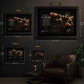 Mike Tyson Fear Is Like Fire wall art size guide comparing Small, Medium, Large and XL framed dimensions in centimetres and inches.