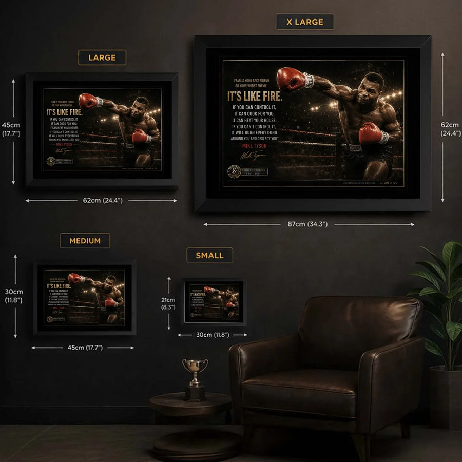 Mike Tyson Fear Is Like Fire wall art size guide comparing Small, Medium, Large and XL framed dimensions in centimetres and inches.