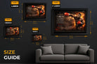 Mike Tyson boxing wall art size guide showing small, medium, large and XL frame options above sofa, premium sports collectibles.