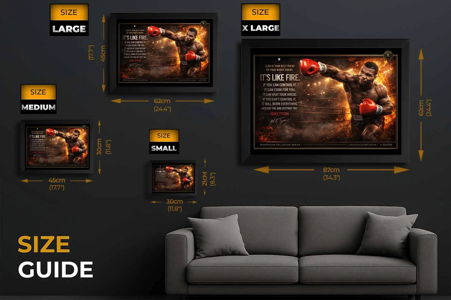 Mike Tyson boxing wall art size guide showing small, medium, large and XL frame options above sofa, premium sports collectibles.