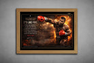 Mike Tyson boxing motivational quote artwork in natural oak frame with fiery ring scene and punch action, striking sports wall art.