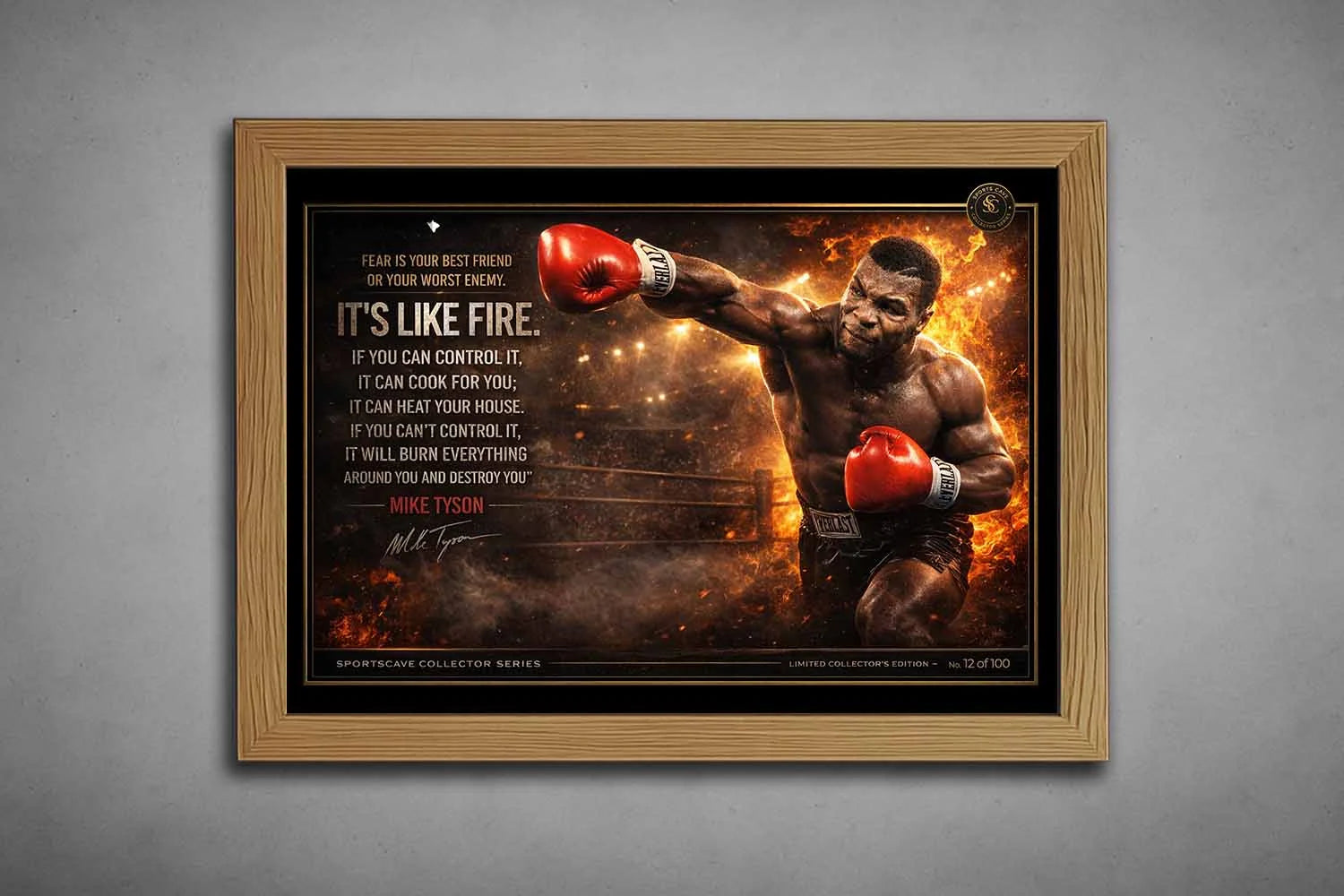 Mike Tyson boxing motivational quote artwork in natural oak frame with fiery ring scene and punch action, striking sports wall art.