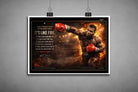 Unframed Mike Tyson boxing quote poster featuring explosive punch action and flame-lit ring scene, bold limited edition sports prints.