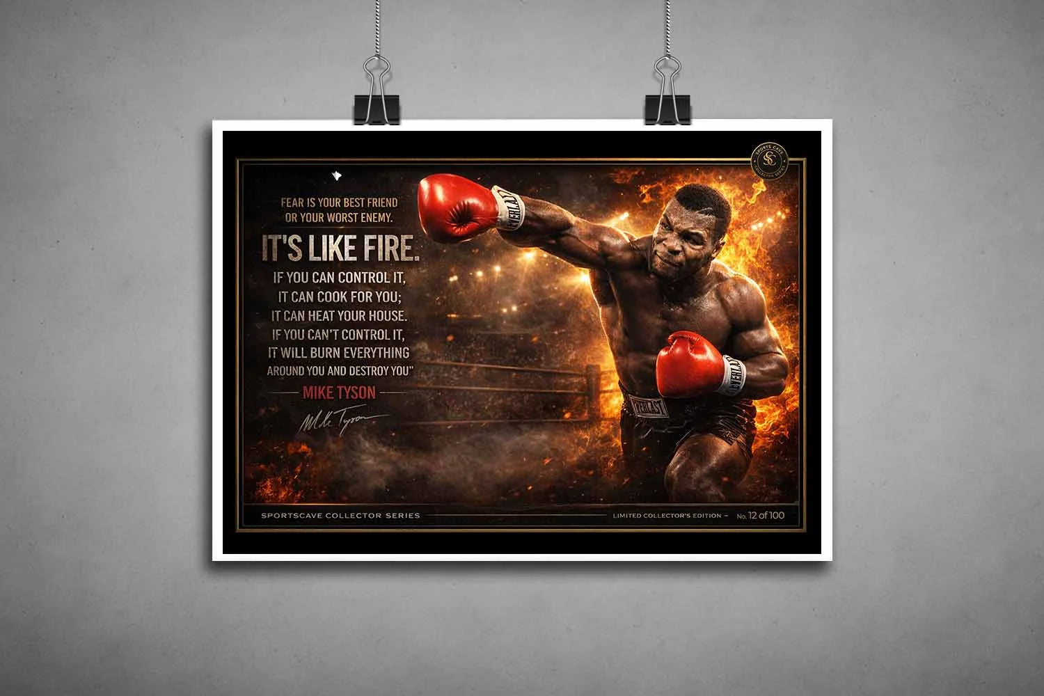 Unframed Mike Tyson boxing quote poster featuring explosive punch action and flame-lit ring scene, bold limited edition sports prints.