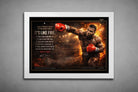 Mike Tyson “It’s Like Fire” boxing artwork displayed in clean white frame, fiery arena background and signature, premium framed sports memorabilia.
