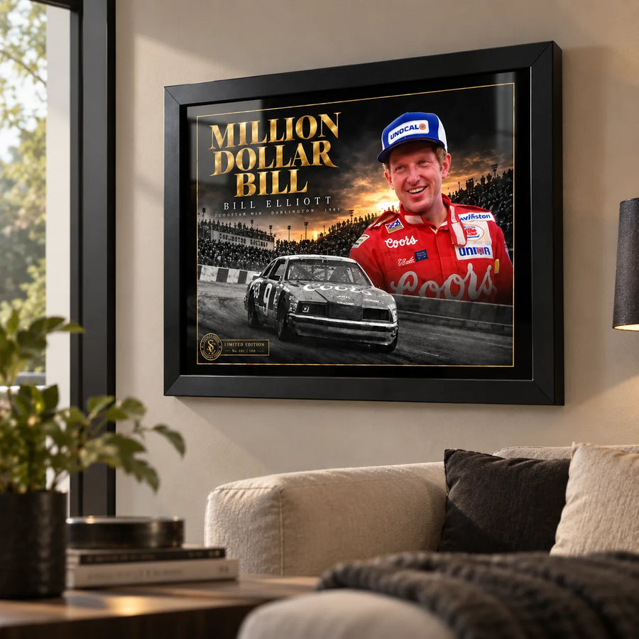 Bill Elliott Million Dollar Bill wall art displayed in a bright living room above a neutral sofa.