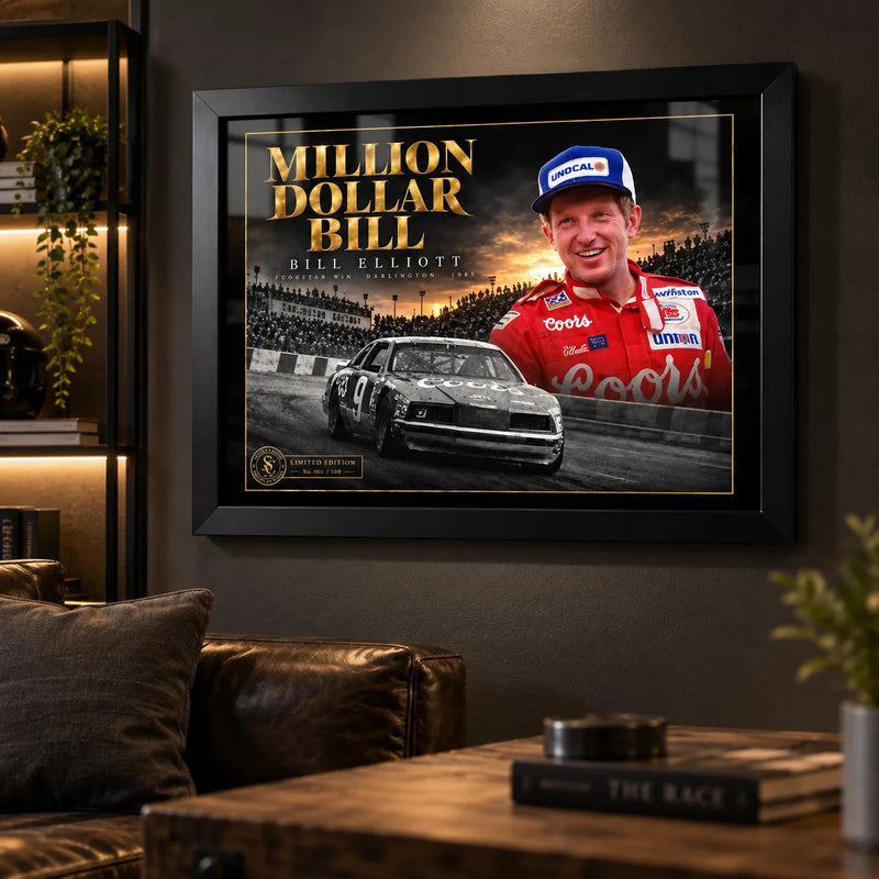 Bill Elliott Million Dollar Bill wall art displayed in a dark man cave with warm shelving and leather seating.
