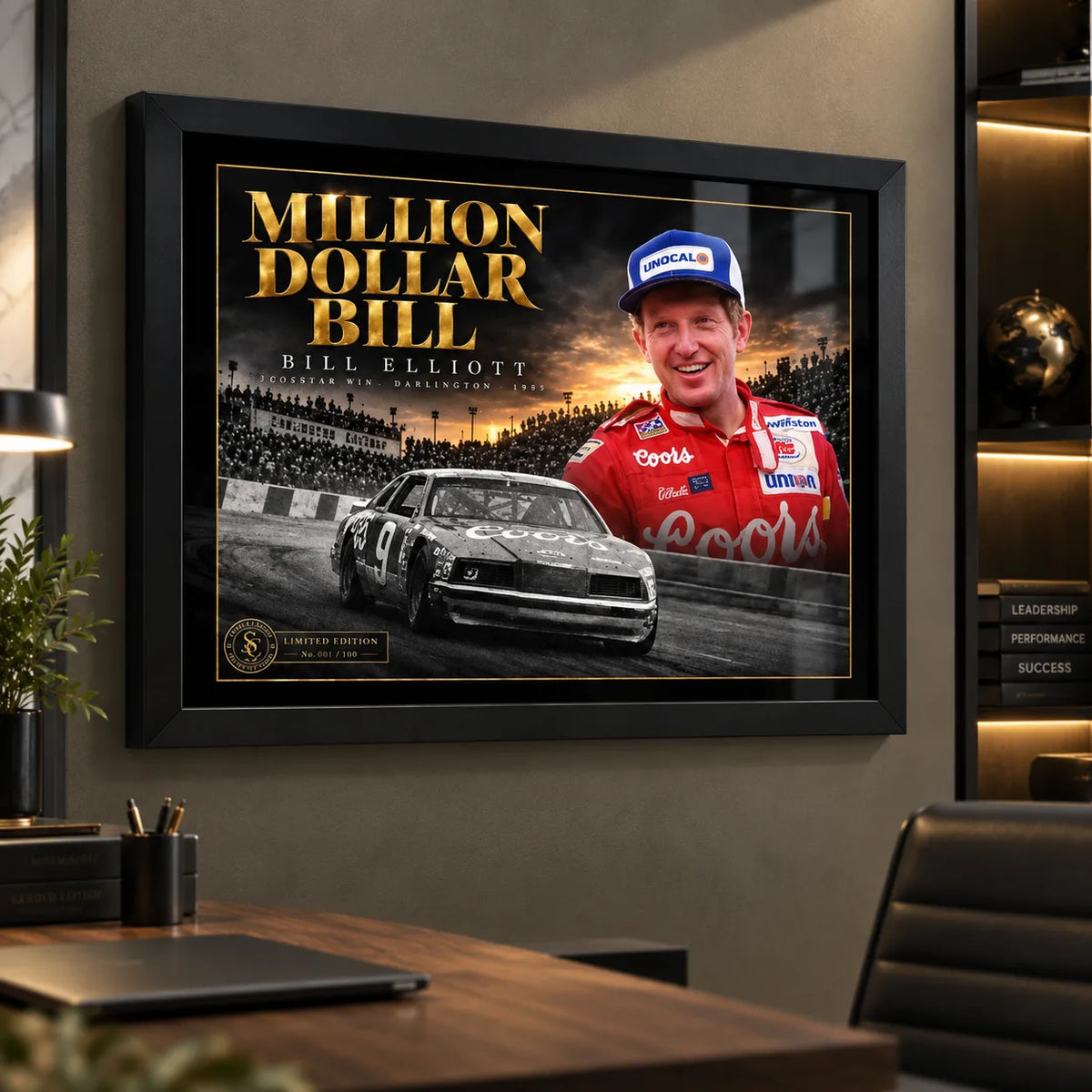 Bill Elliott NASCAR wall art displayed in a modern office above a desk with warm ambient lighting.