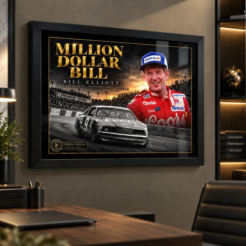 Bill Elliott NASCAR wall art displayed in a modern office above a desk with warm ambient lighting.