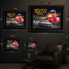Bill Elliott wall art size guide showing framed options from Small to X Large with centimetre and inch dimensions.