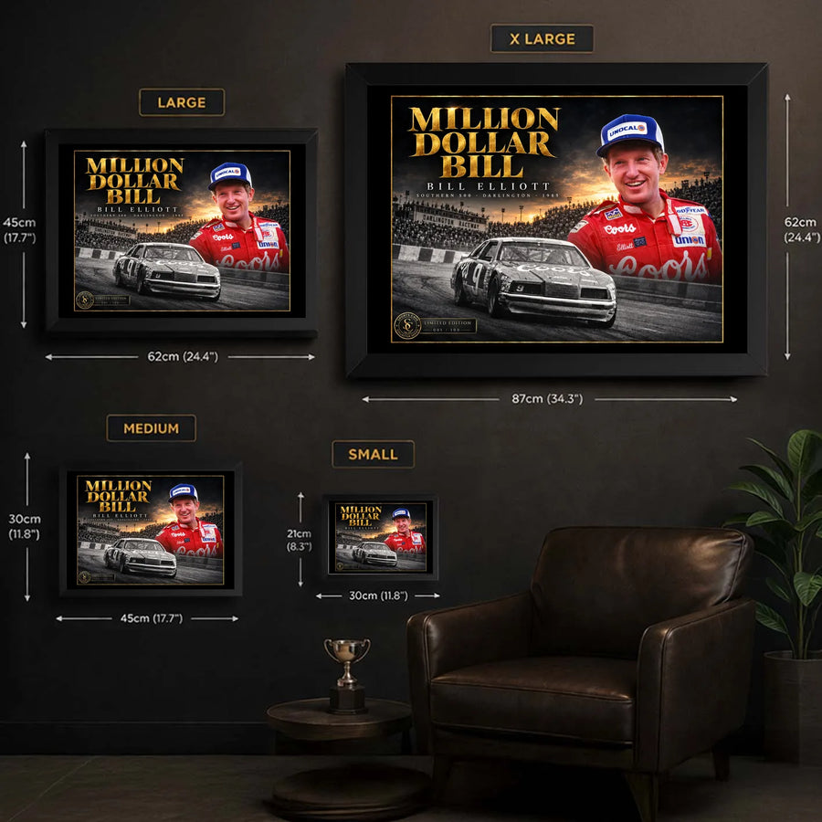 Bill Elliott wall art size guide showing framed options from Small to X Large with centimetre and inch dimensions.