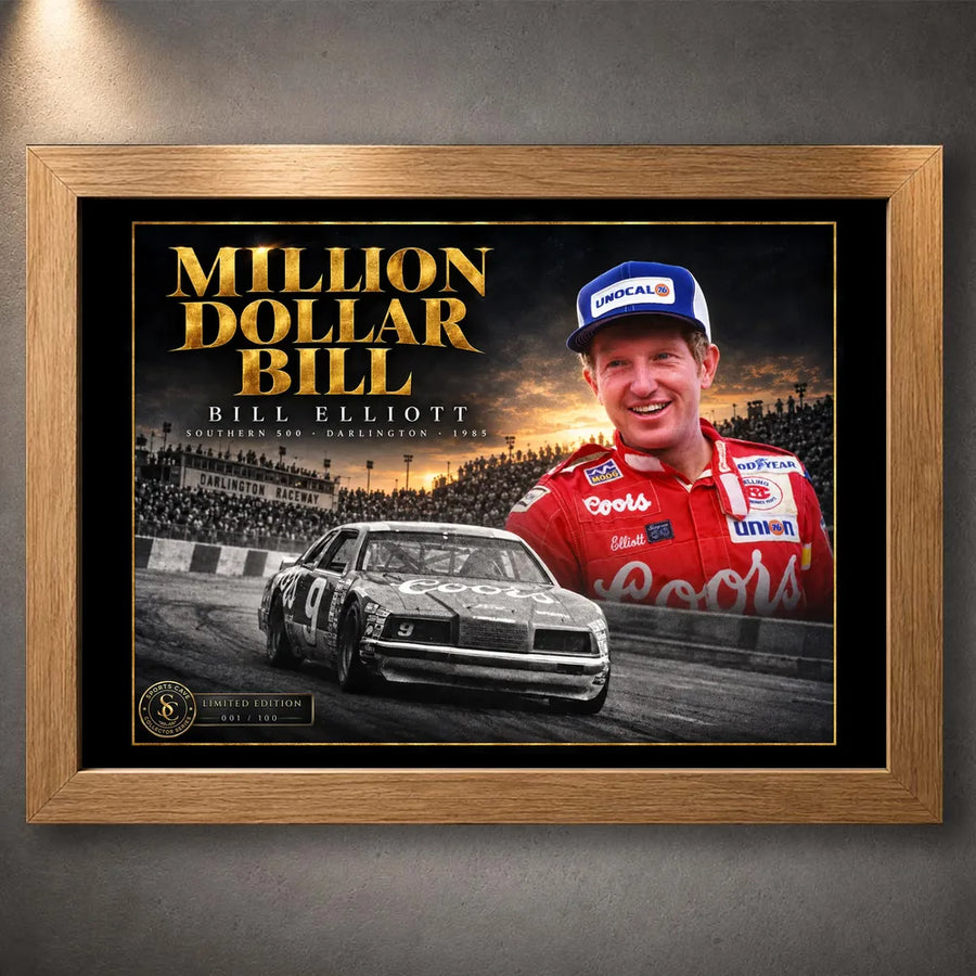 Oak framed Bill Elliott Million Dollar Bill NASCAR wall art for a warm collector-style presentation.