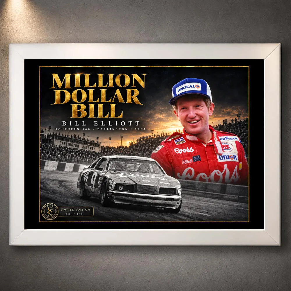 White framed Bill Elliott Million Dollar Bill NASCAR wall art for a clean collector-style presentation.