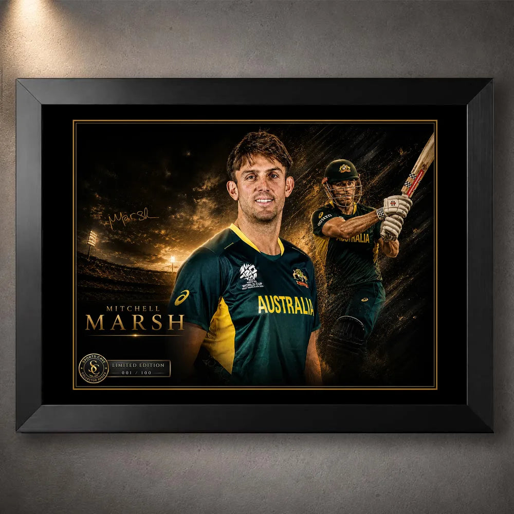 Mitchell Marsh black framed cricket wall art featuring the Australian all-rounder in a limited edition collector design.