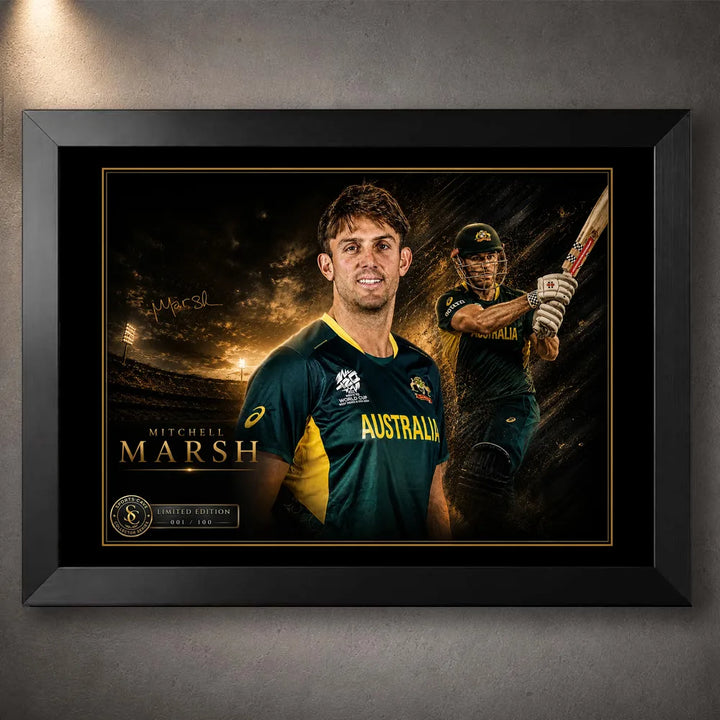 Mitchell Marsh black framed cricket wall art featuring the Australian all-rounder in a limited edition collector design.