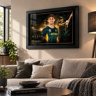 Mitchell Marsh framed cricket wall art displayed in a premium living room with warm natural light and modern styling.