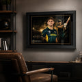 Mitchell Marsh black framed cricket wall art displayed in a premium man cave with dark timber and collector styling.