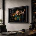 Mitchell Marsh framed cricket wall art displayed in a premium modern office with dark timber furniture and natural light.