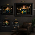 Mitchell Marsh cricket wall art size guide showing Small, Medium, Large and XL framed dimensions in centimetres and inches.